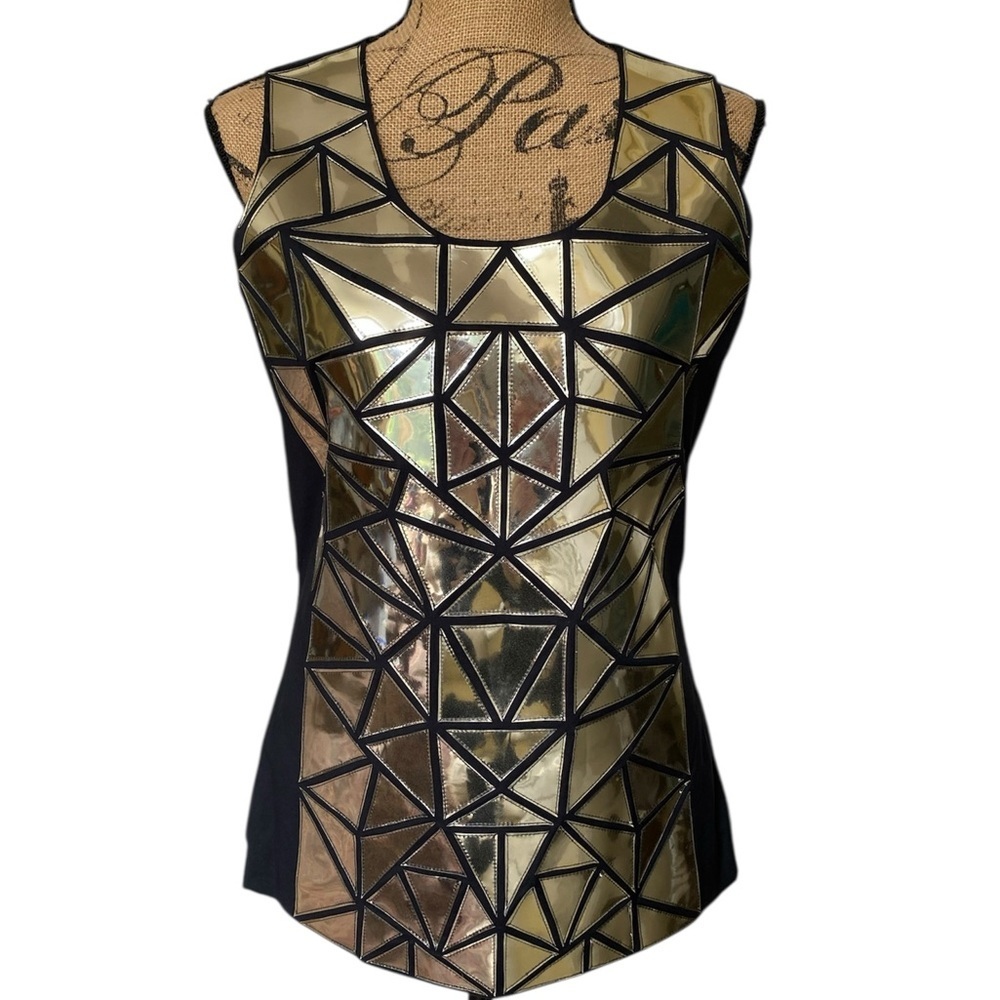 Tory Burch Holographic Mosaic Abstract Black Silver Sleeveless Top Womens Size 6